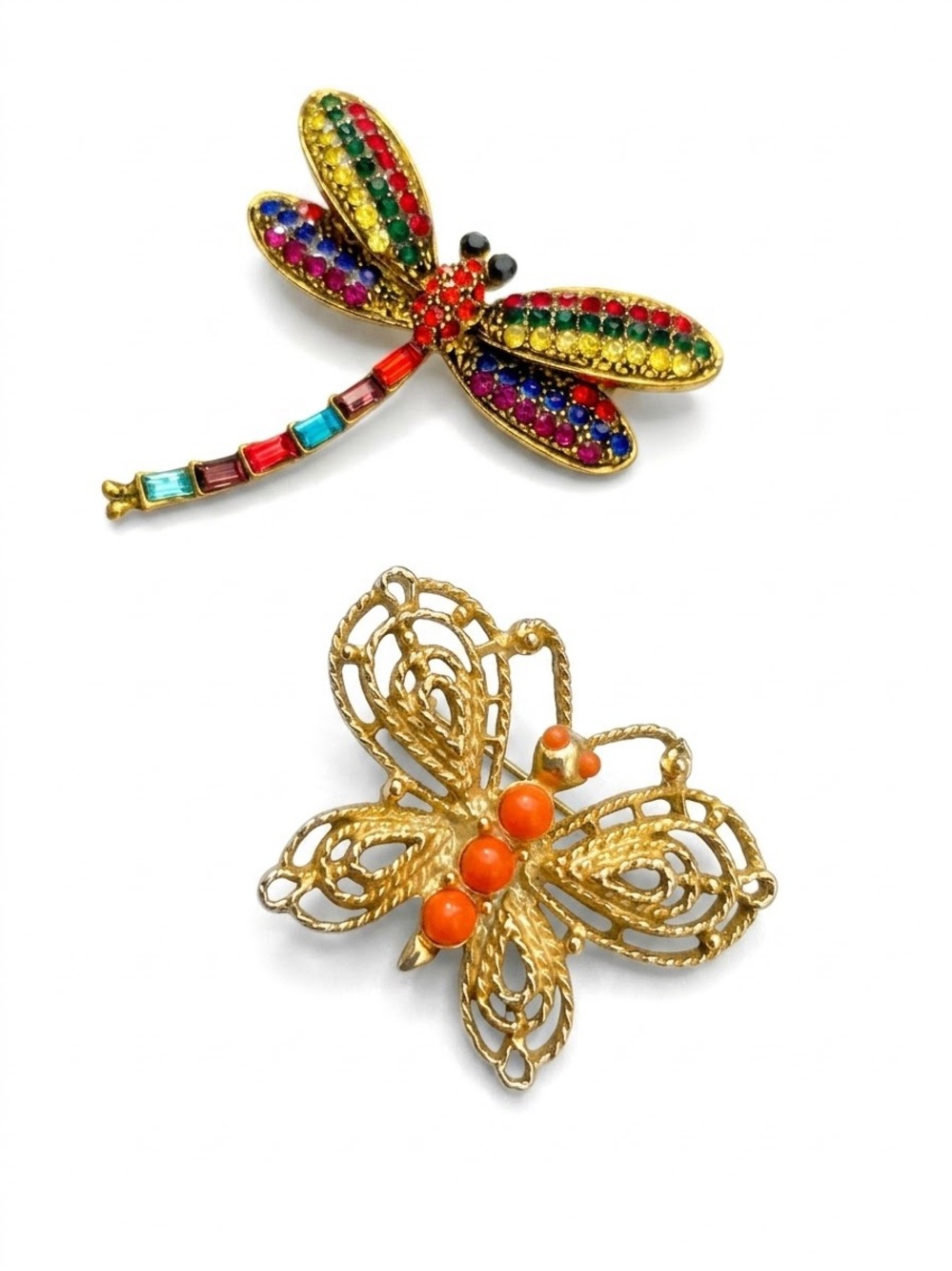 Gold-Tone Multicolor Dragonfly & Gold Filigree Butterfly Brooch Set